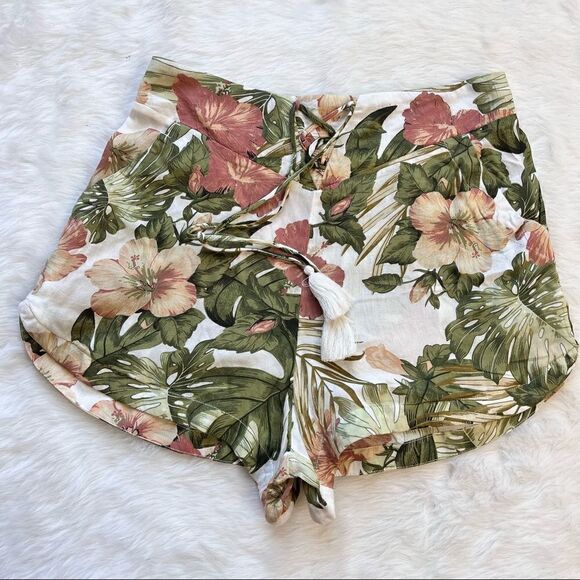 Botanical Island Print Shorts Rip Curl Hibiscus Casual Pull on Tassel Tie Large - Picture 1 of 8